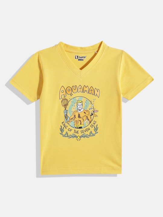 Eteenz Aquaman Superhero Comic Printed Premium Cotton V-Neck T-Shirt for Boys (Yellow, Pack of 1)