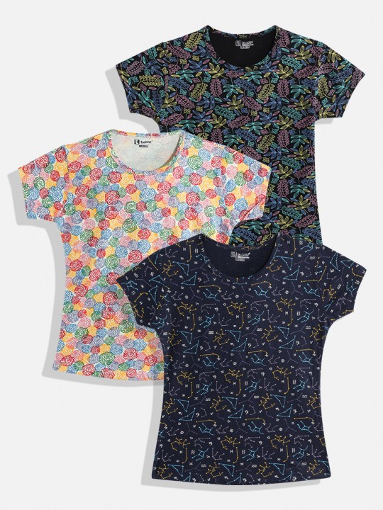 Eteenz Floral Printed Premium Cotton Girls T-Shirts  (Multi-colour, Pack of 3)