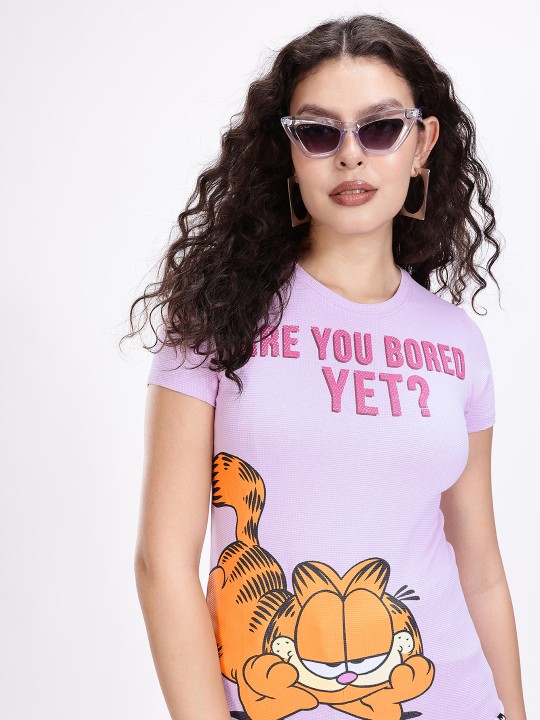 Purple & Mustard Yellow Garfield Humour Graphic Printed T-Shirt for Women