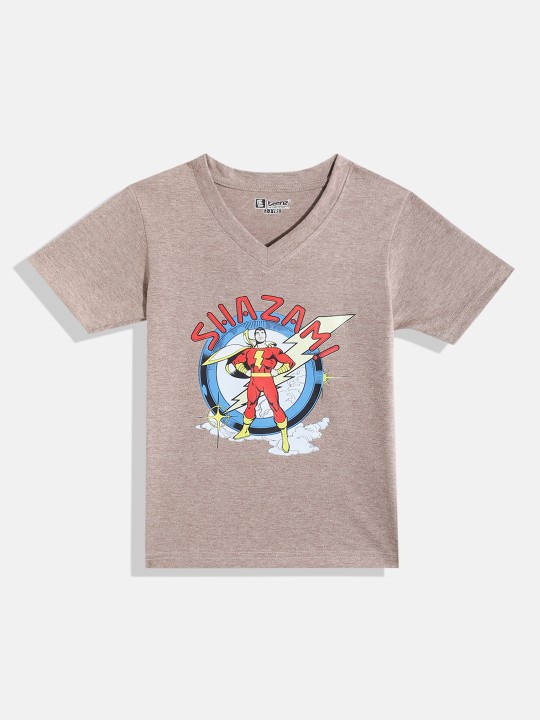Eteenz Shazam Comic Printed Premium Cotton V-Neck T-shirt for Boys (Brown, Pack of 1)