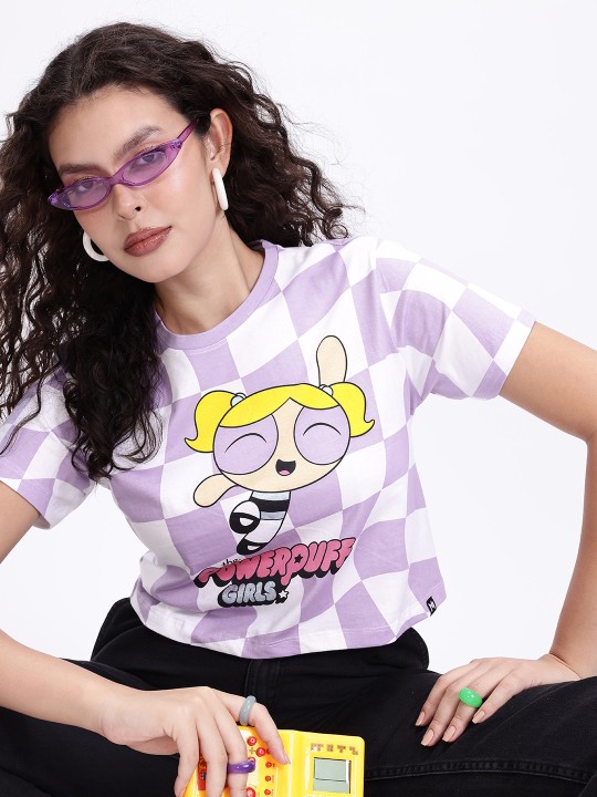 Women’s White & Lavender Comic Print Crop T-Shirt