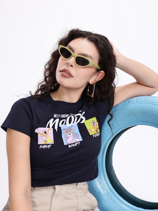 Navy Blue & Multicolour Tom & Jerry Graphic Crop T-Shirt for Women