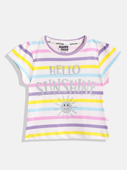 Happy Faces Graphic Printed Cotton T-shirt  for Girls(Salmon, Pack Of 1)