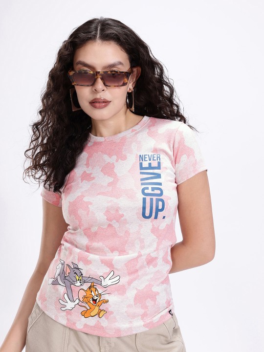 Women’s Tom & Jerry Graphic T-Shirt – Pink & Grey Melange