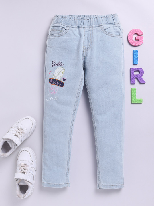 Game Begins Girls Denim Slim Fit Barbie Printed Jeans (Light Blue, Pack Of 1)