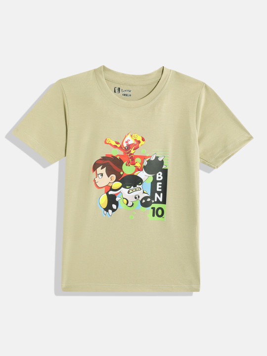 Eteenz Ben 10 Comic Printed Premium Cotton V-Neck T-Shirt for Boys (Olive Green , Pack of 1)
