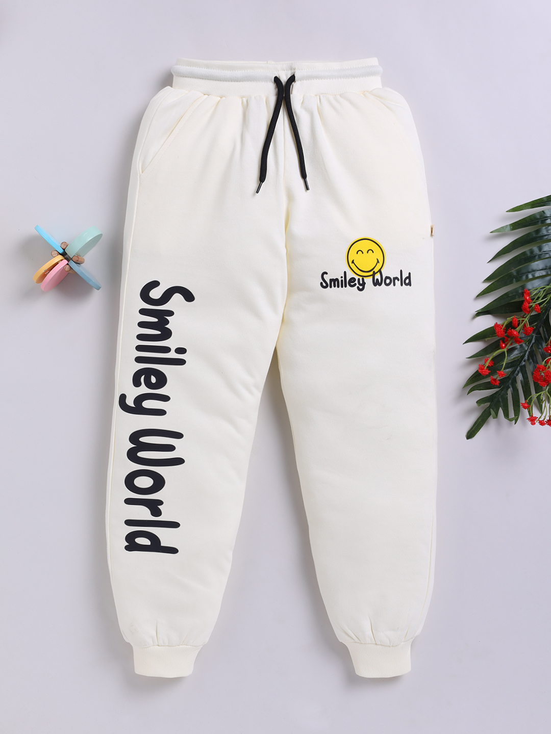 Happy Faces Smiley World Printed  Pure Cotton Joggers For Girls (Butter, Pack Of 1)
