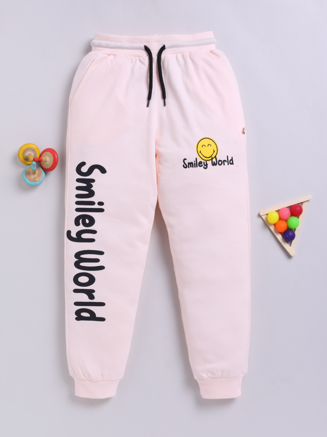 Happy Faces Smiley World Printed  Pure Cotton Joggers For Girls (Peach, Pack Of 1)