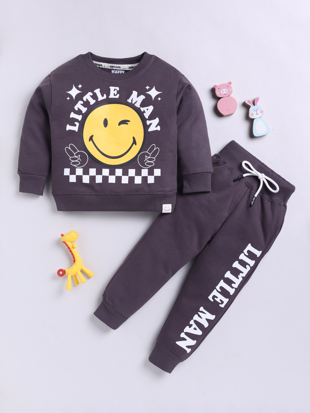 Happy Faces Smiley World Printed  Pure Cotton Clothing Set For Boys (Charcoal, Pack Of 1)