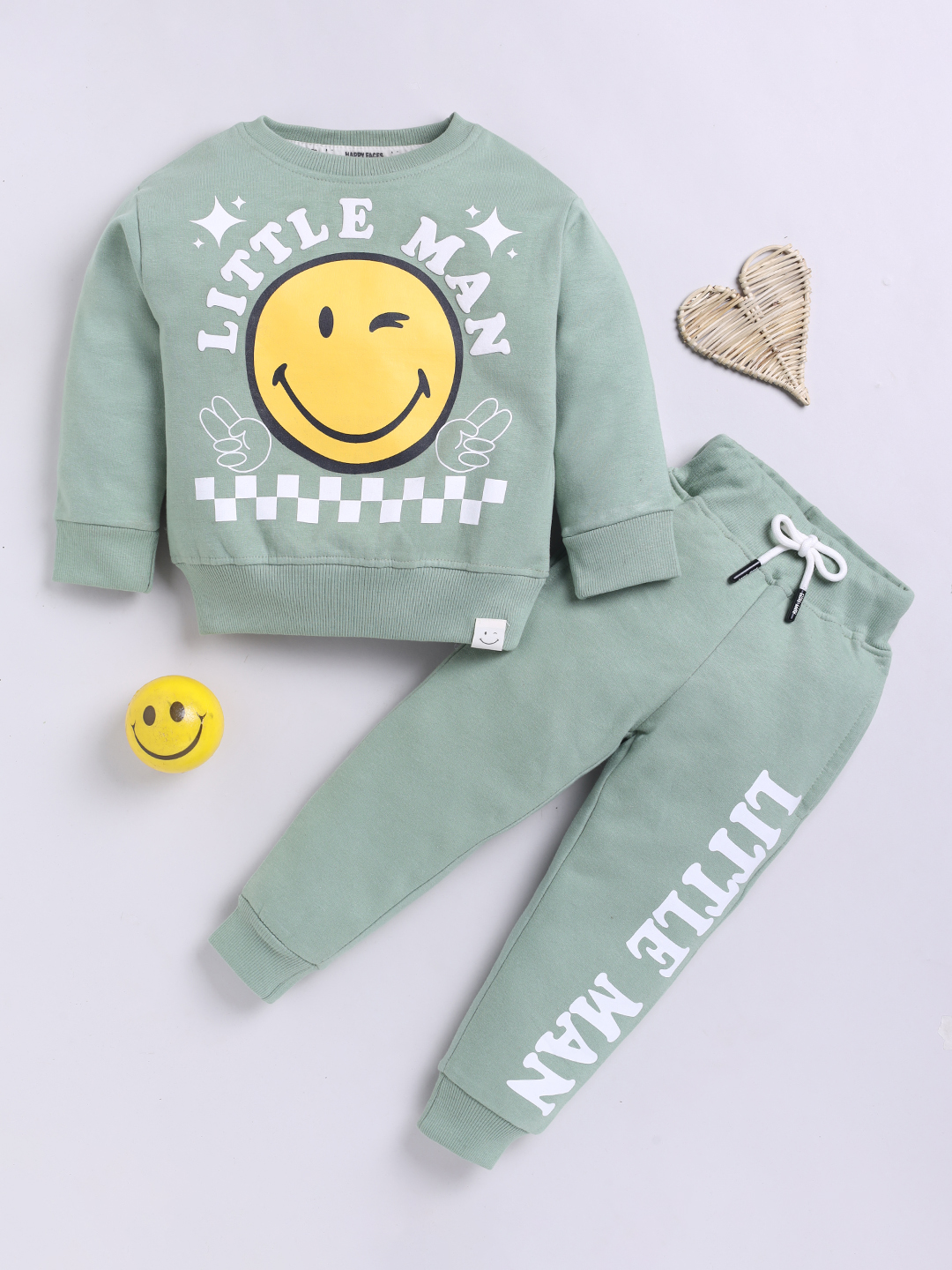 Happy Faces Smiley World Printed  Pure Cotton Clothing Set For Boys(Green , Pack Of 1)