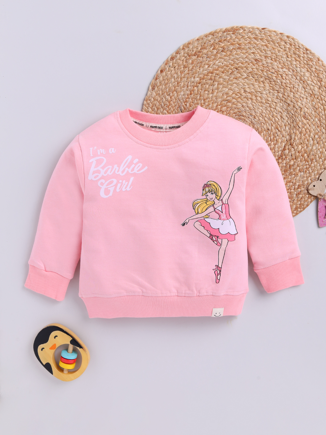 Happy Faces Barbie Printed Sweatshirt For Girls (Pink, Pack Of 1)