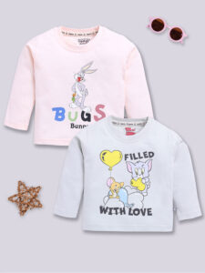 Tinyo Tom and Jerry and Bugs Bunny Printed Full Sleeves T-Shirt Pure Cotton For Infant Boys (Multicolour, Pack Of 2)