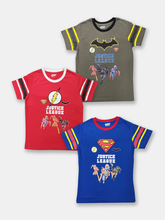 Boys Pack of 3 Assorted Justice League Printed Pure Cotton T-Shirts
