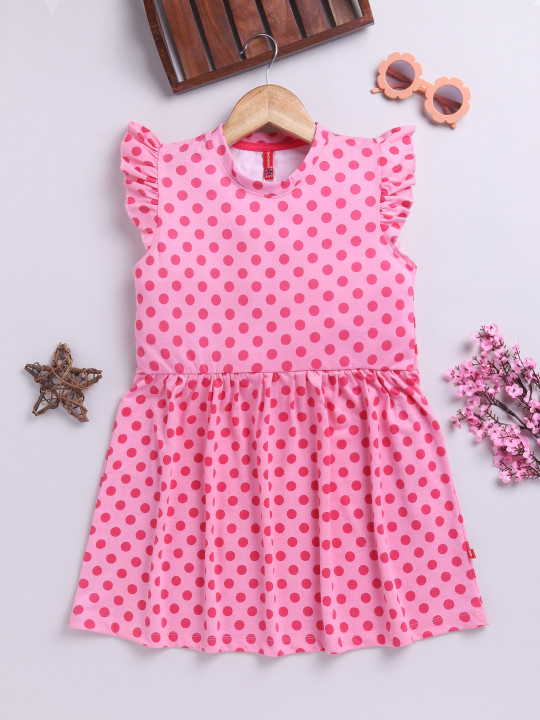 Girls Polka Dot Printed Flutter Sleeve Fit & Flare Dress