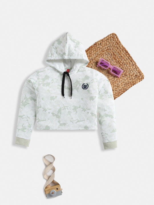 Girls White & Green Printed Hooded Pure Cotton Sweatshirt