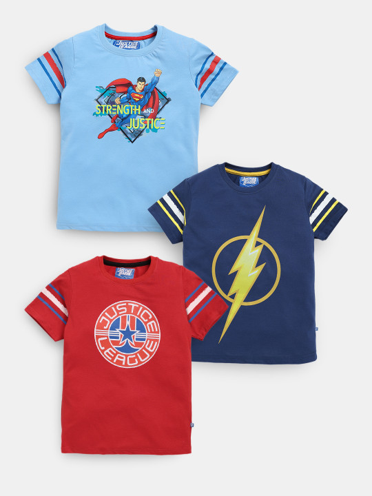 Boys Assorted Pack of 3 Justice League Printed Pure Cotton T-shirts