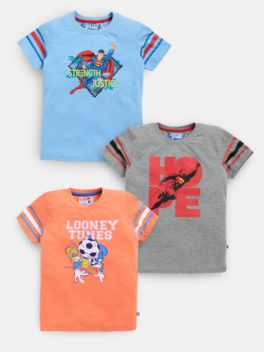 Boys Assorted Pack of 3 Superman Printed Pure Cotton T-shirts