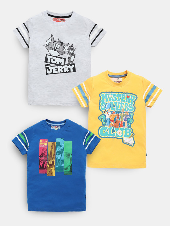 Boys Assorted Pack of 3 Tom & Jerry Printed Pure Cotton T-shirts