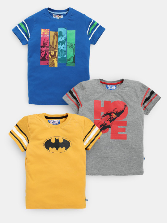 Boys Assorted Set of 3 Justice League Printed Pure Cotton T-shirts