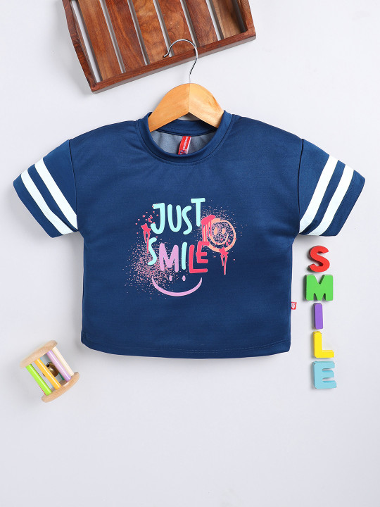 Girls Navy Blue Typography Printed T-shirt