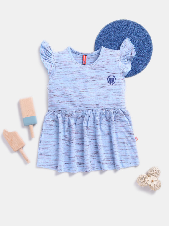 Girls Blue Self Design Flutter Sleeve Fit & Flare Dress