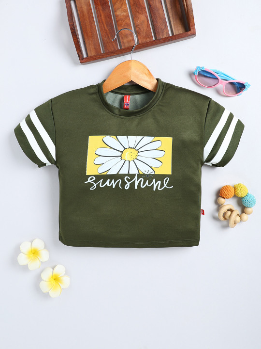 Girls Olive Green Floral Printed T-shirt