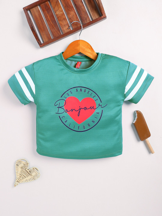 Girls Sea Green Typography Printed T-shirt