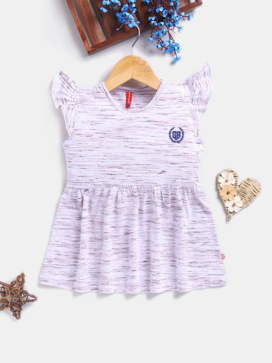 Girls Off-White Self Design Flutter Sleeve Fit & Flare Dress