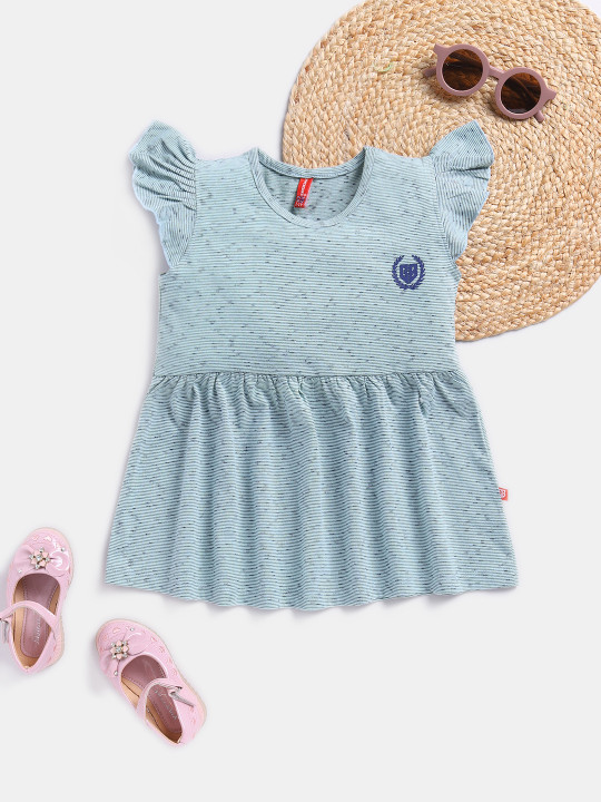 Girls Striped Flutter Sleeve Fit and Flare Dress