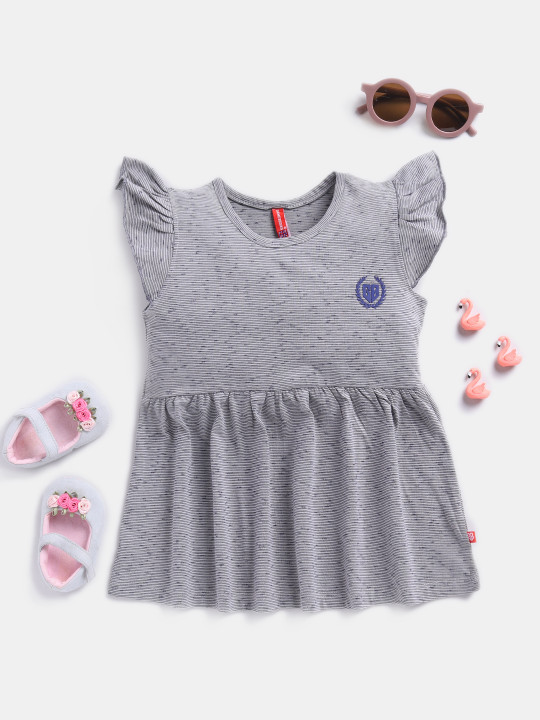 Girls Grey Striped Flutter Sleeve Fit & Flare Dress