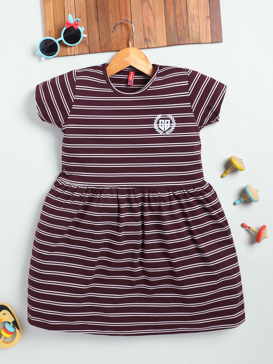 Girls Brown Striped Fit & Flare Cotton Dress with Belt