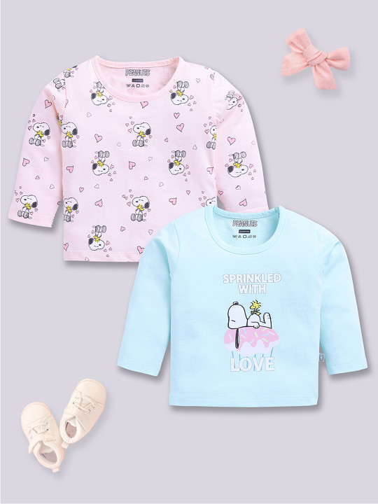 Tinyo Peanuts Printed Full Sleeves T-Shirt Pure Cotton For Girls (Multicolor, Pack Of 2)