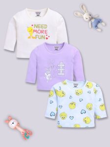 Tinyo Looney Tunes Printed Full Sleeves T-shirt Pure Cotton For Infant Girls (Multicolour, Pack of 3)
