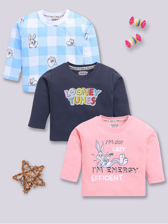 Tinyo Looney Tunes Printed Full Sleeves T-shirt Pure Cotton For Infant Girls (Multicolour, Pack of 3)
