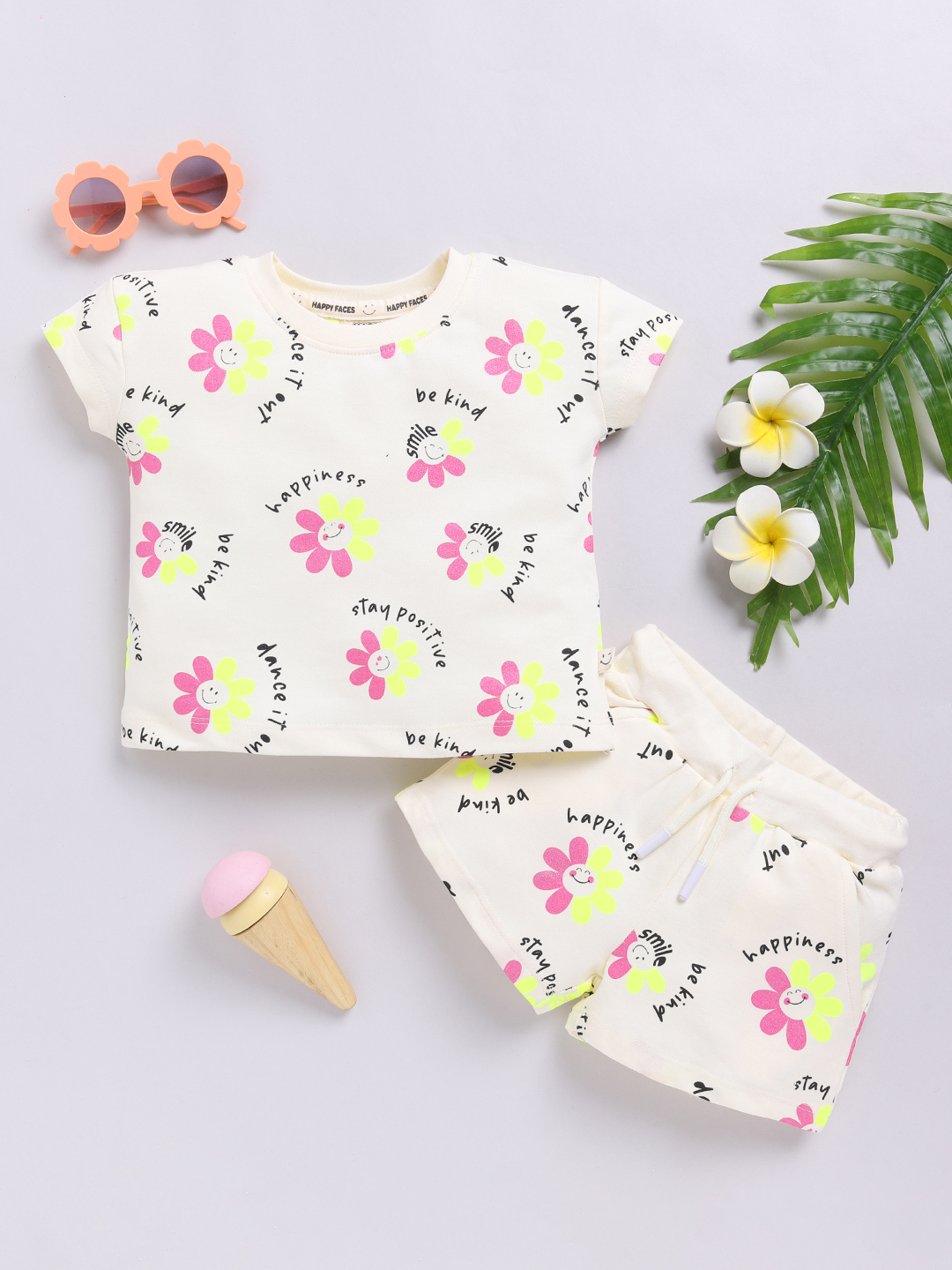 Happy Faces Smiley World Printed  Pure Cotton Clothing Set For Girls(Off White , Pack Of 1)