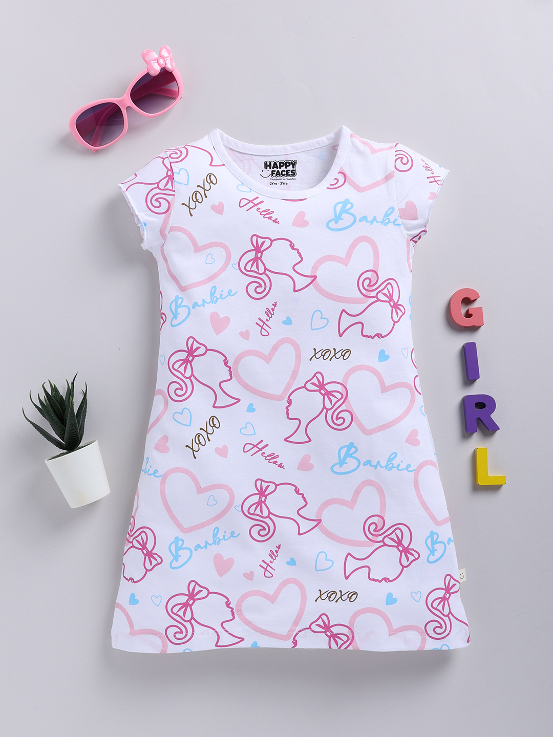 Happy Faces Barbie Printed Cotton Frock for Girls(White, Pack Of 1)
