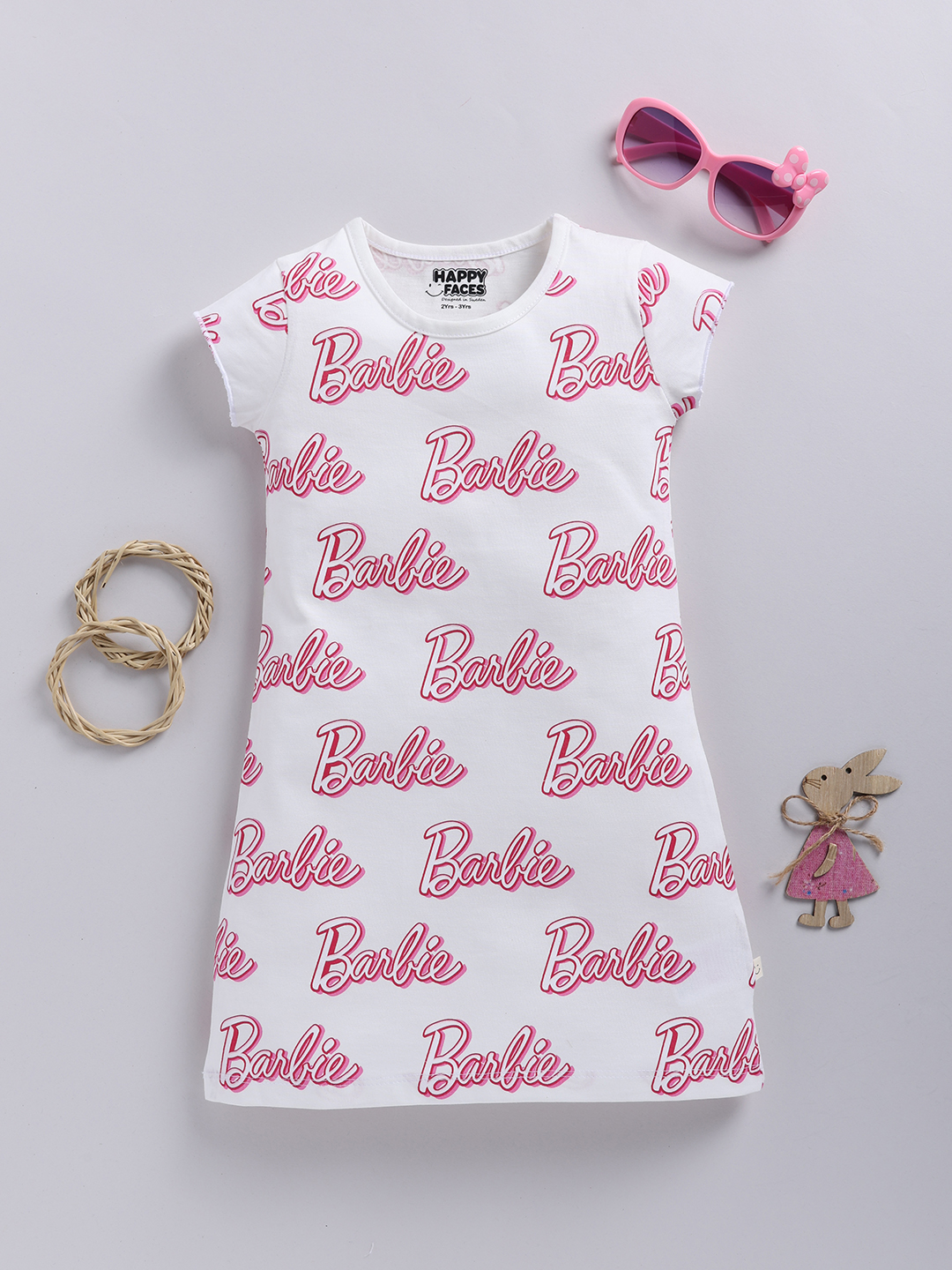 Happy Faces Barbie Printed Cotton Frock for Girls(Butter, Pack Of 1)