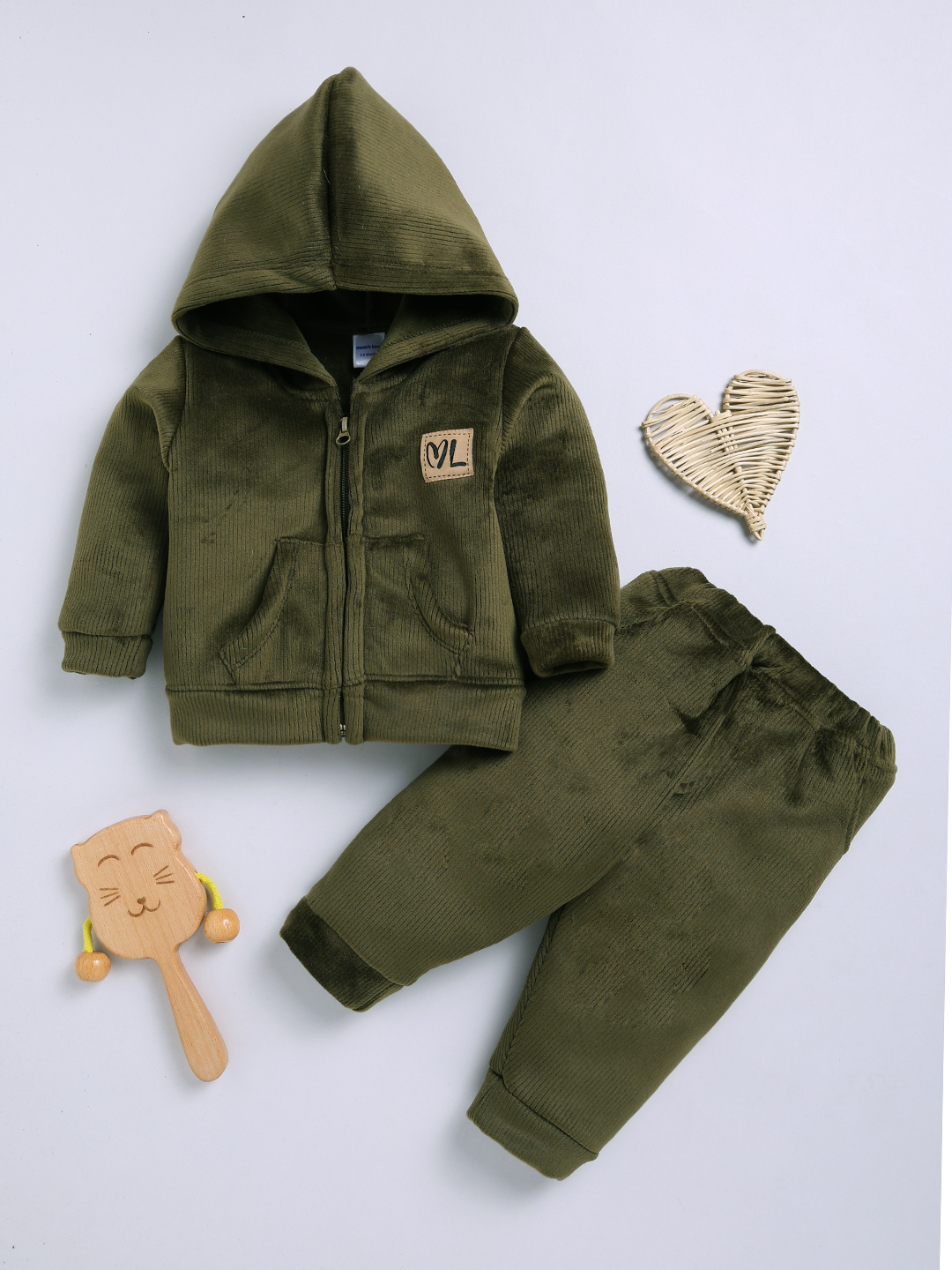 Mom’s Love Self Design Hoode With Joggers Soft Velvet For Infant Boys (Olive, Pack of 1)