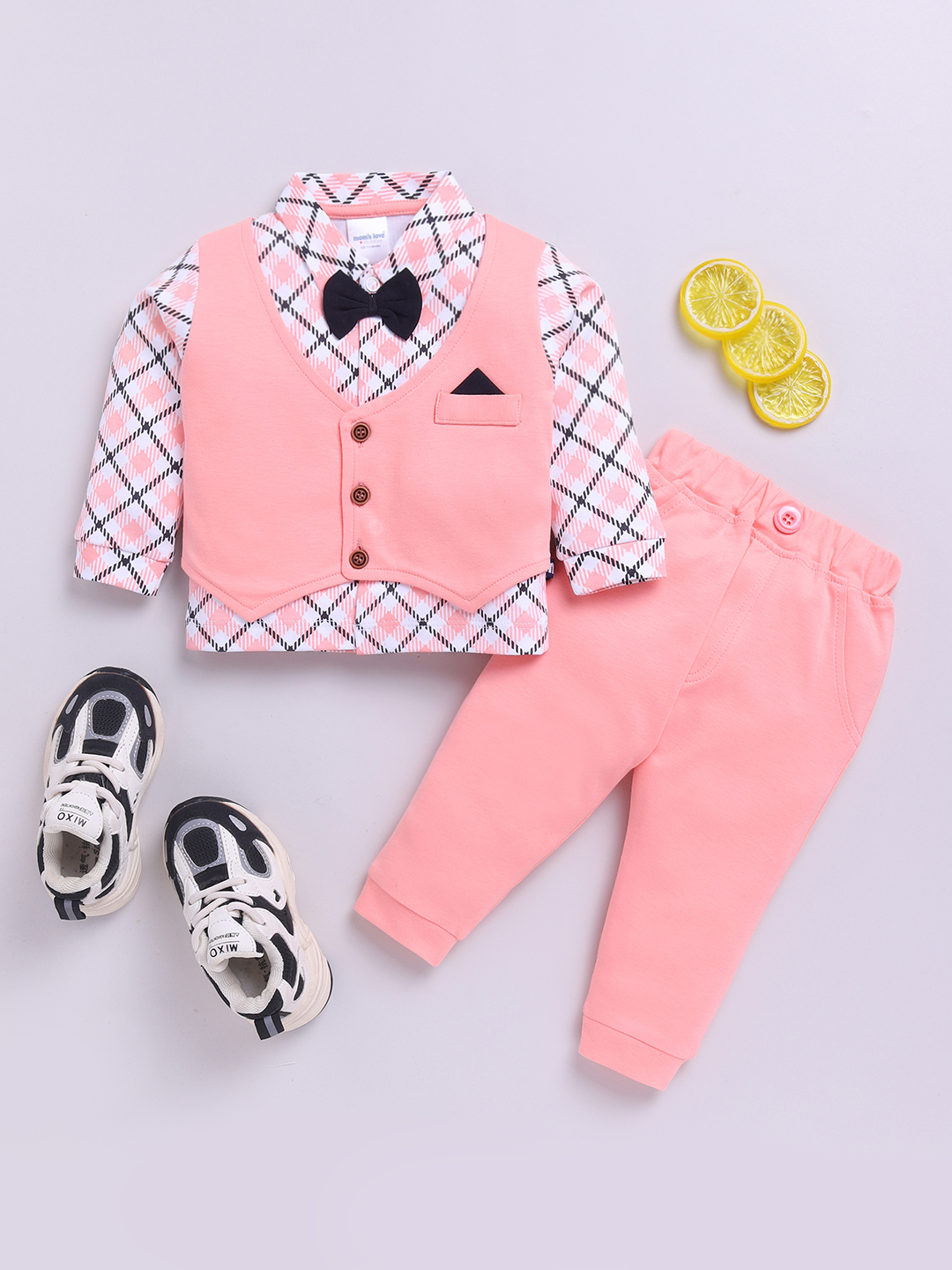 Mom’s Love Striped Printed Set And Suit Pure Cotton For Infant Boys (Peach, Pack Of 1)