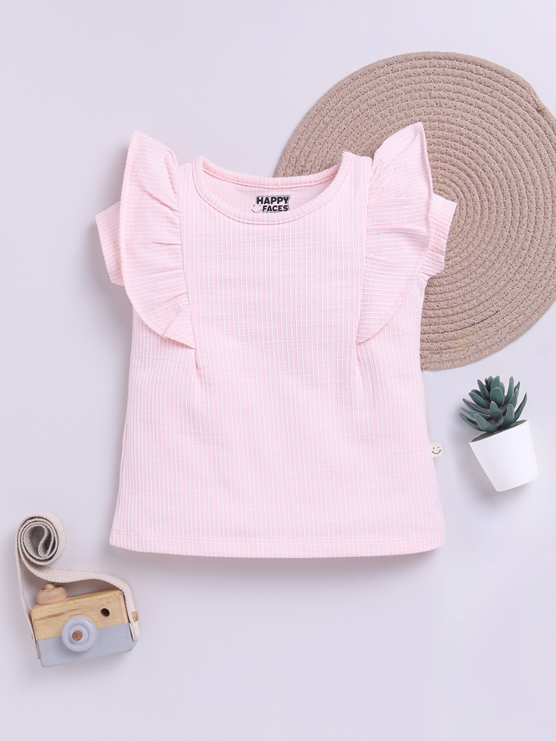 Happy Faces Solid Regular Fit and Striped Pure Cotton Top With Frilled Sleeves For Girls(Peach , Pack Of 1)