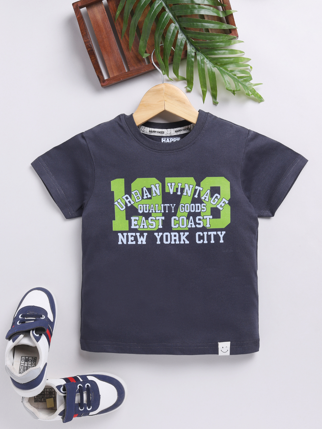 Happy Faces Solid Graphic Printed  Pure Cotton T-Shirt For Boys(Charcoal, Pack Of 1)