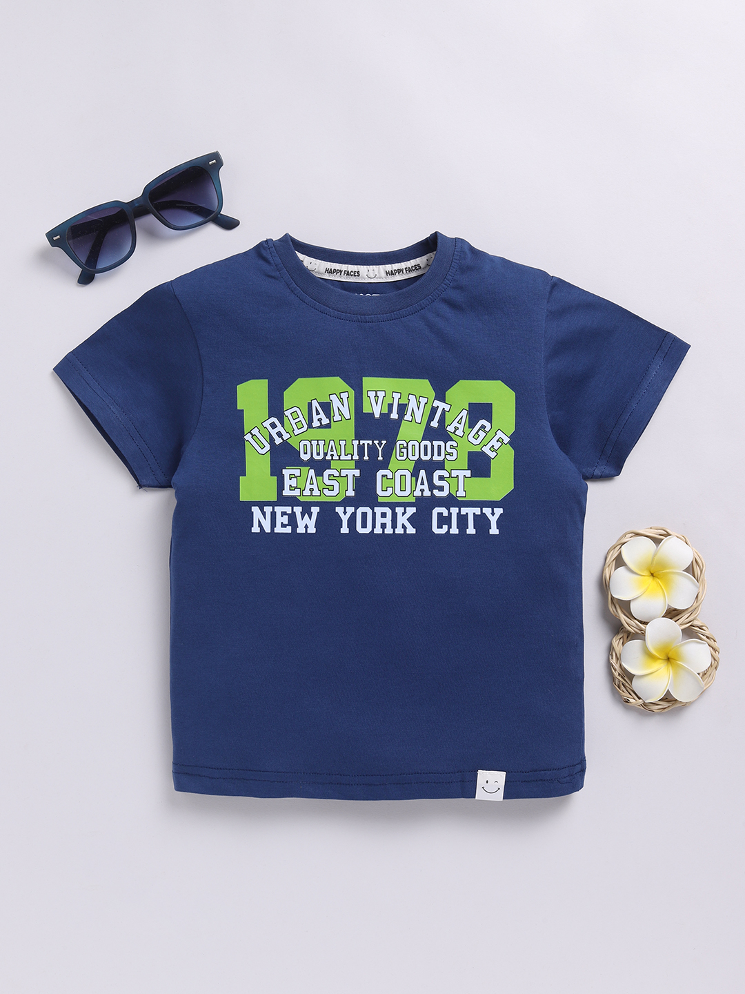 Happy Faces Solid Graphic Printed  Pure Cotton T-Shirt For Boys(Indigo, Pack Of 1)