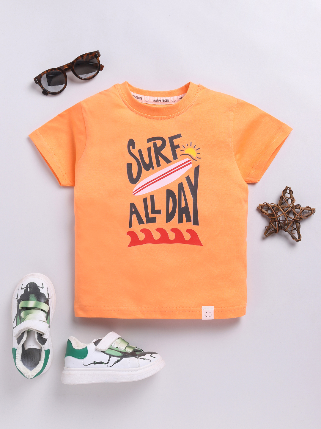 Happy Faces Solid Graphic Printed  Pure Cotton T-Shirt For Boys(Orange, Pack Of 1)
