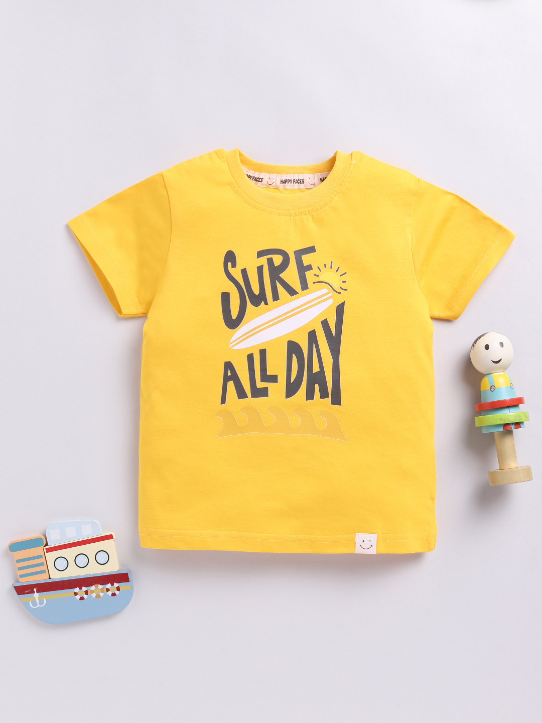 Happy Faces Solid Graphic Printed  Pure Cotton T-Shirt For Boys(Yellow, Pack Of 1)