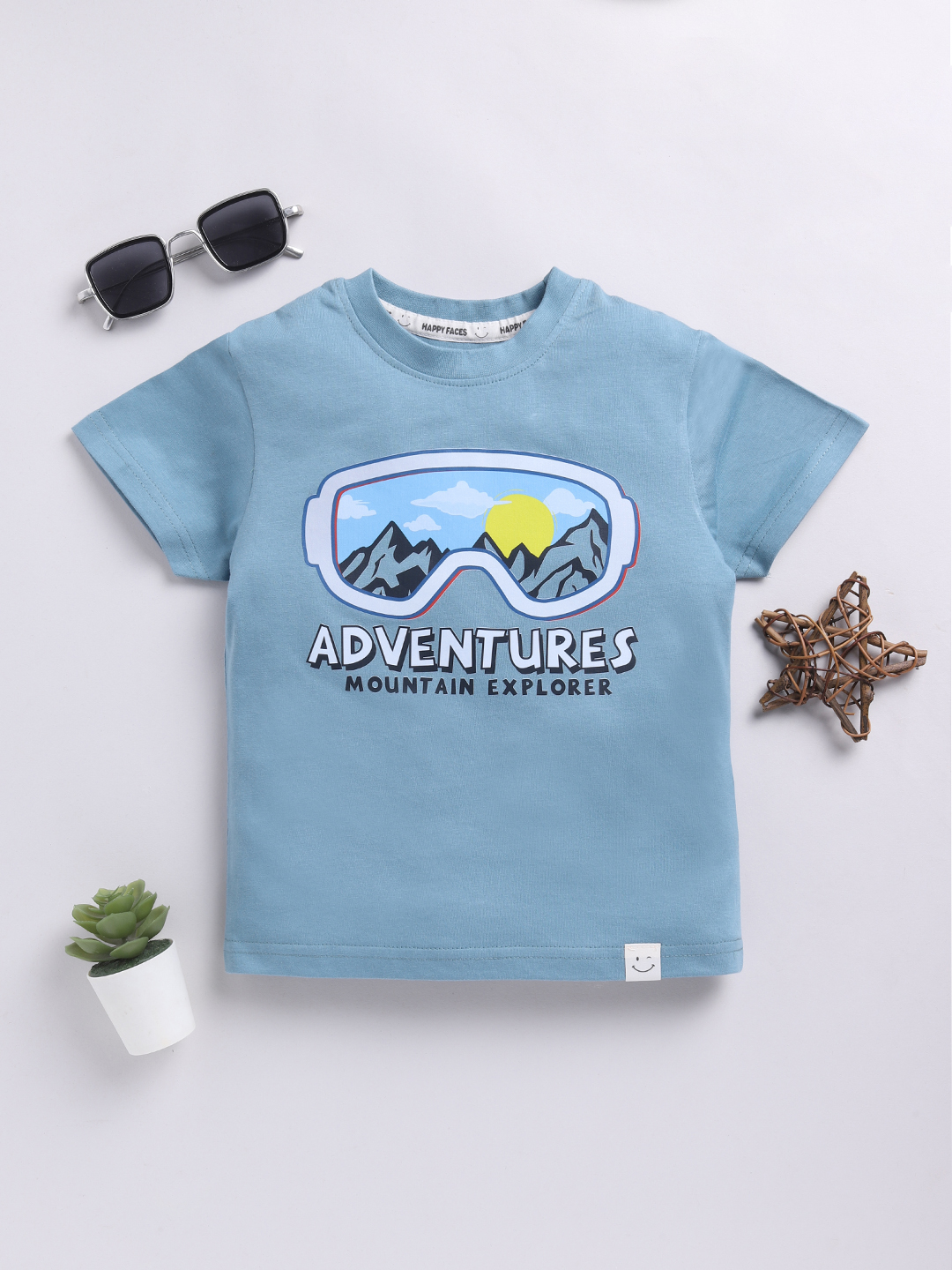 Happy Faces Solid Graphic Printed  Pure Cotton T-Shirt For Boys(Blue, Pack Of 1)