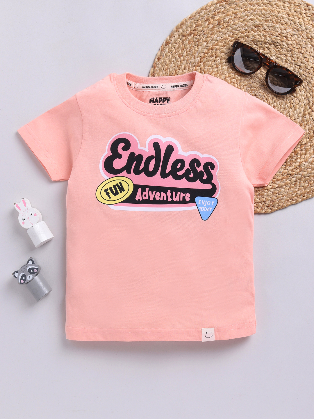 Happy Faces Solid Graphic Printed  Pure Cotton T-Shirt For Boys(Peach, Pack Of 1)