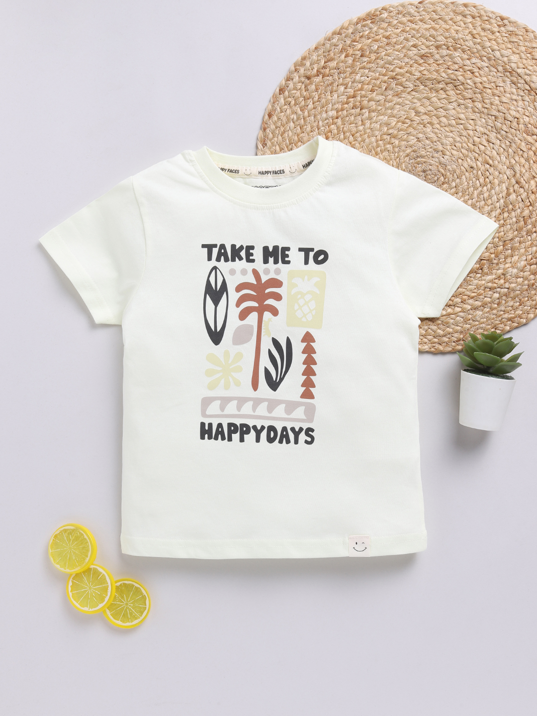 Happy Faces Solid Graphic Printed  Pure Cotton T-Shirt For Boys(Cream, Pack Of 1)