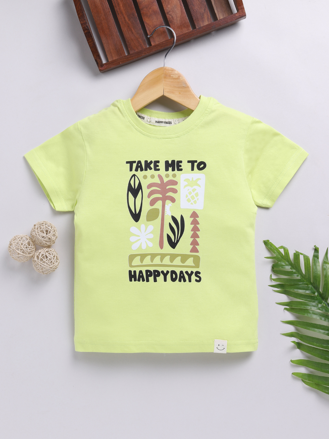 Happy Faces Solid Graphic Printed  Pure Cotton T-Shirt For Boys(Green, Pack Of 1)