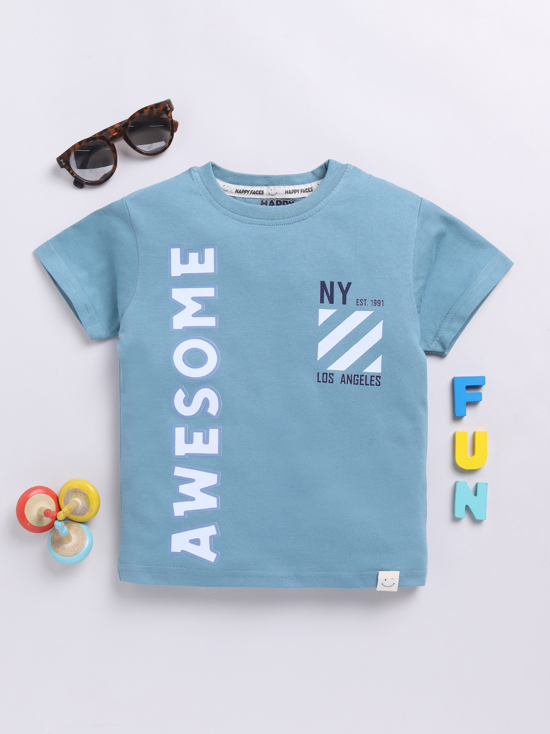 Happy Faces Solid Graphic Printed  Pure Cotton T-Shirt For Boys(Blue, Pack Of 1)