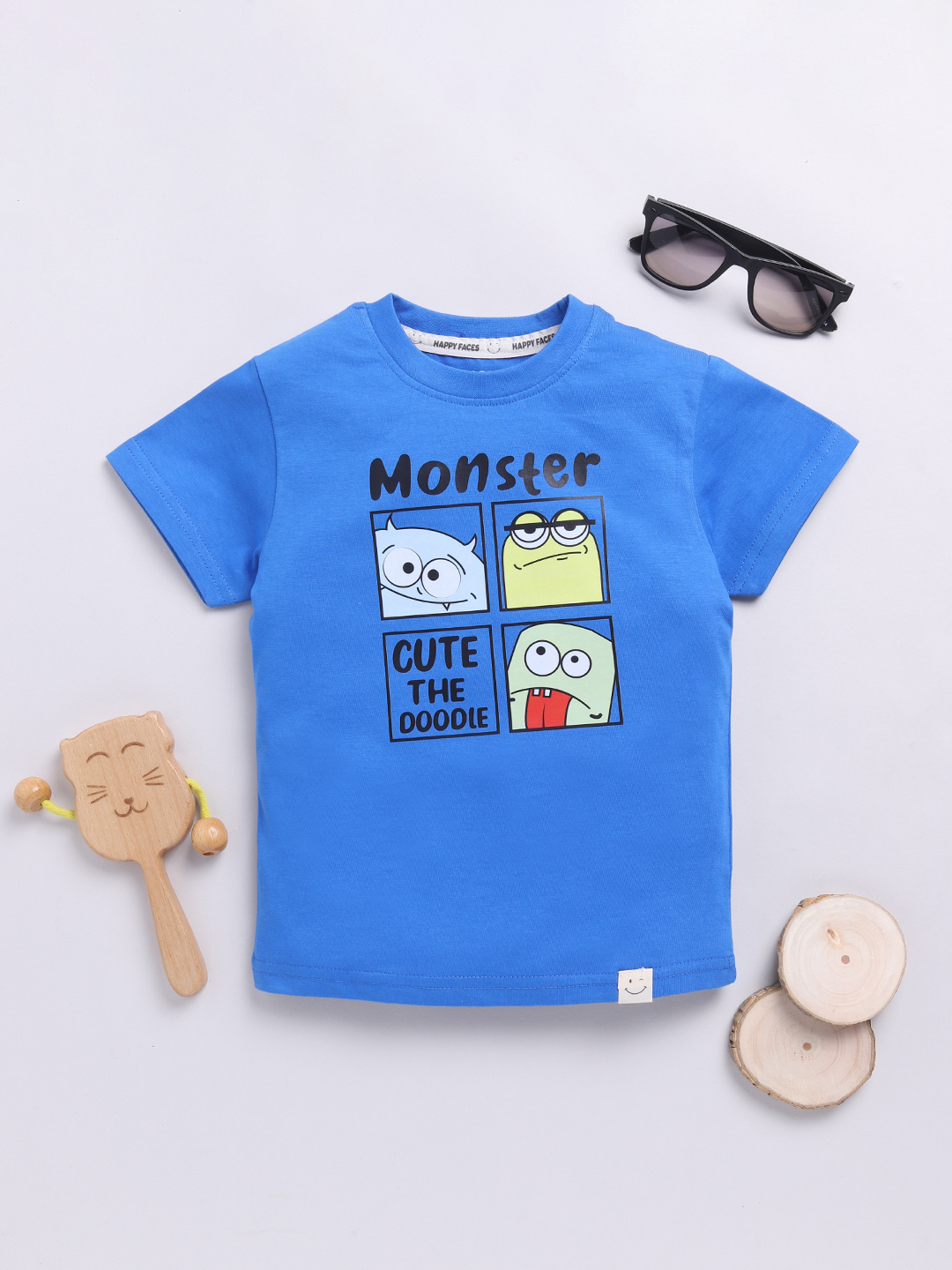 Happy Faces Solid Graphic Printed  Pure Cotton T-Shirt For Boys(Blue, Pack Of 1)